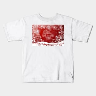 Pretty Xmas Tree and Snowflakes and Merry Christmas Greeting - on Red Kids T-Shirt